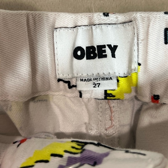 Obey Women’s Size 27 White Carpenter Cotton Pants with 8-Bit Floral Print Bug - Picture 7 of 13